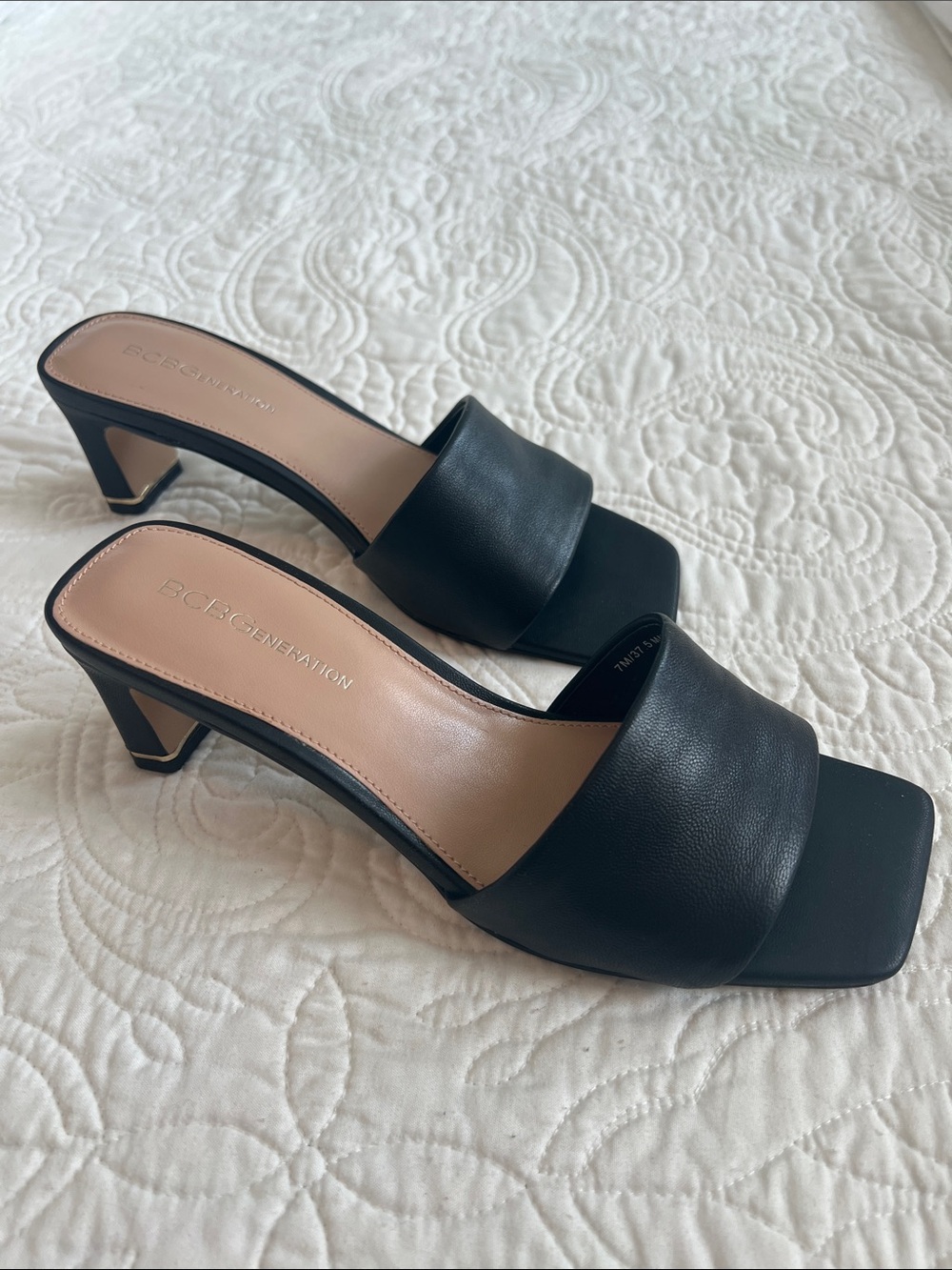BCBGeneration Black Leather Square-Toe Slide Mules